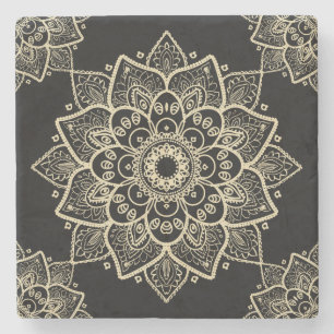 Beige Blommigt Mandala over Black Background Underlägg Sten