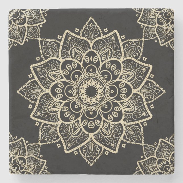 Beige Blommigt Mandala over Black Background Underlägg Sten (Framsidan)