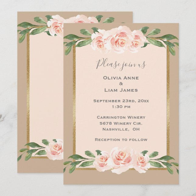 Beige  Blommigt Romantic Elegant Modern Bröllop Inbjudningar (Fram/baksida)