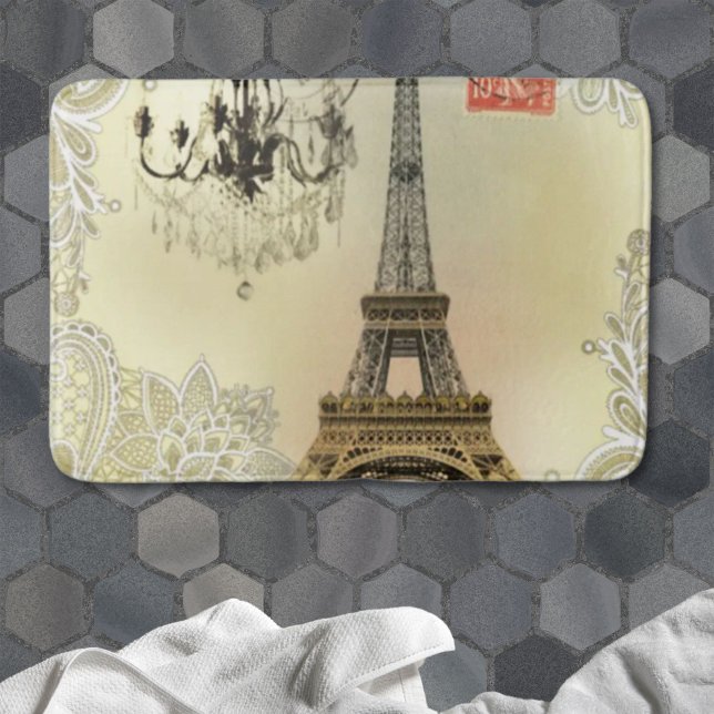 beige blommigt snöre chandelier paris eiffel torn badrumsmatta (beige floral lace chandelier paris eiffel tower bath mat)