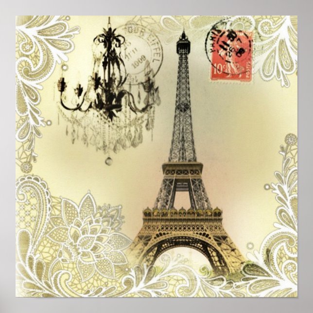 beige blommigt snöre chandelier paris eiffel torn poster (Framsidan)