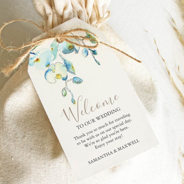 Beige Blommigt Welcome Gift-Märkre Presentetikett (Wedding favor tags watercolor and ink blue orchid flowers by Victoria Grigaliunas Do Tell A Belle)