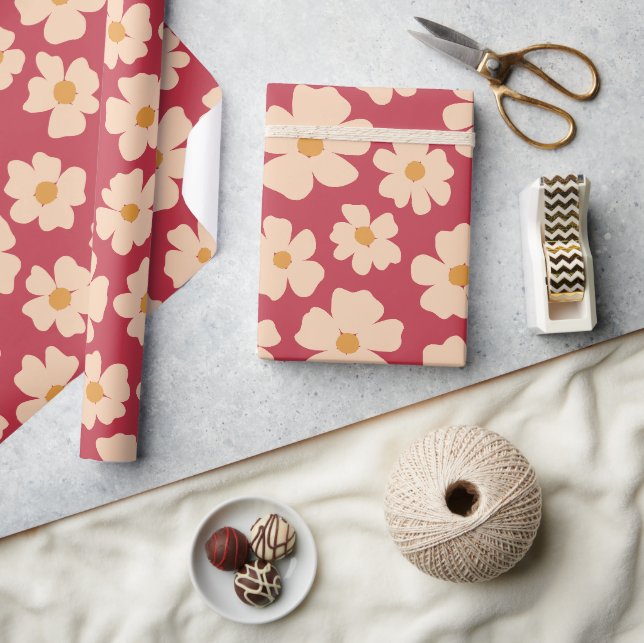 Beige Blommigt Wrapping Papper Presentpapper (Hantverk)