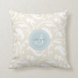 Beige blommönstermonogram för elegant flickaktig kudde