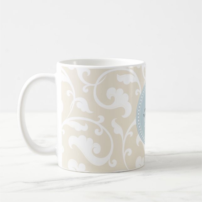 Beige blommönstermonogram för elegant flickaktigt kaffemugg (Vänster)