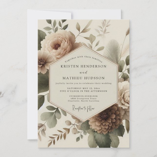 Beige Bloom Romantiskt Bröllop Inbjudningar (Framsida)
