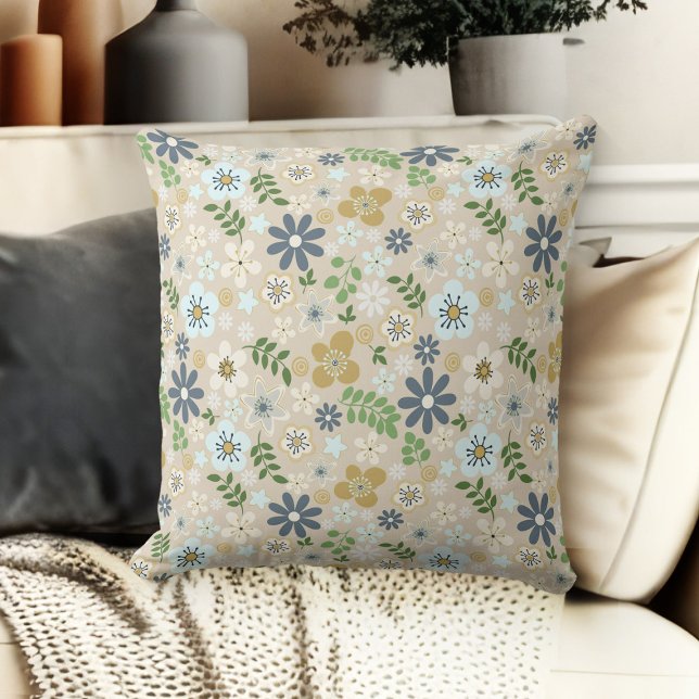 Beige Blue and Guld Blommigt Daisy Couch Kudde (throw pillow for living room floral couch throw pillow grey, blue and beige)