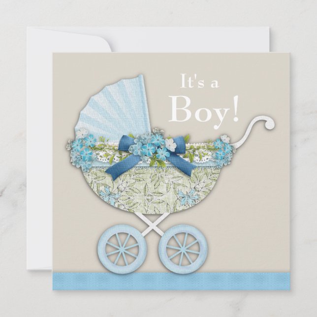 Beige Blue Baby Carriage Boy Shower Inbjudningar (Framsida)