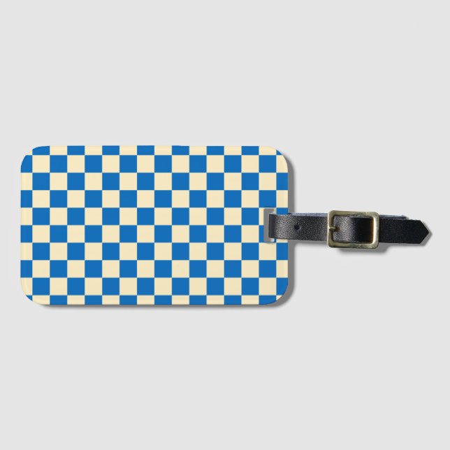Beige + Blue Check Checkerboard Mönster Bagagebricka (Framsida horisontal)