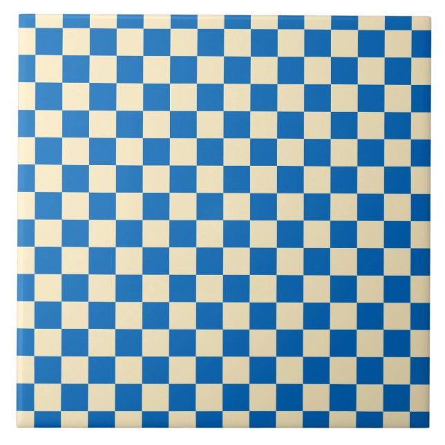 Beige + Blue Check Checkerboard Mönster Kakelplatta (Framsidan)