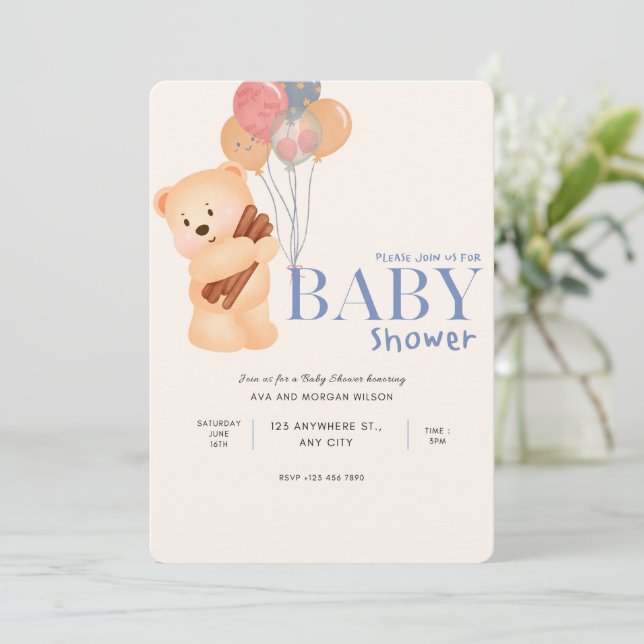 Beige Blue Cute Bear Baby Shower-inbjudan Inbjudningar (Stående Fram)