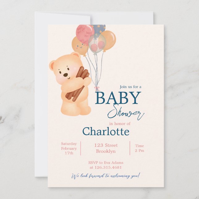 Beige Blue Cute Bear med ballonger Baby Shower Inbjudningar (Framsida)