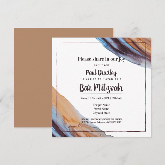 Beige, Blue, Eggplant Pub Mitzvah-inbjudan Inbjudningar (Fram/baksida)