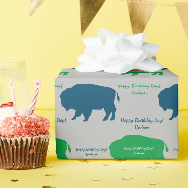 Beige Blue Grönt Rustic Buffalo Anpassningsbar Fär Presentpapper (Födelsedagsfest)