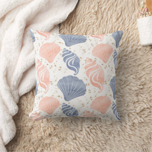 Beige Blue Seashell Beach House Lakeside Boho Kudde