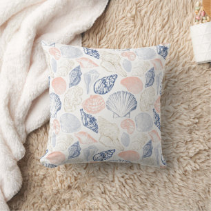 Beige Blue Seashell Beach House Lakeside Boho Kudde
