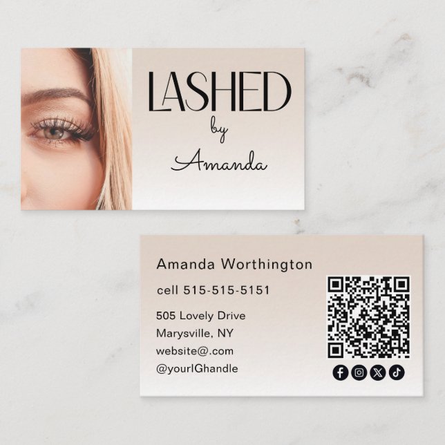 Beige Blush Lashed Photo QR Code Social Icons Visitkort (Fram/baksida)