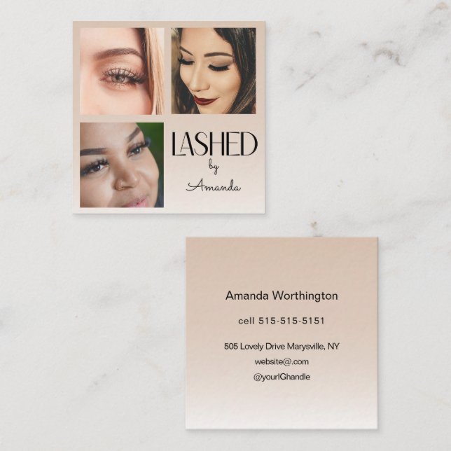 Beige Blush Öppen Minimalistisk Skript Foto  Fyrkantigt Visitkort (Fram/baksida)