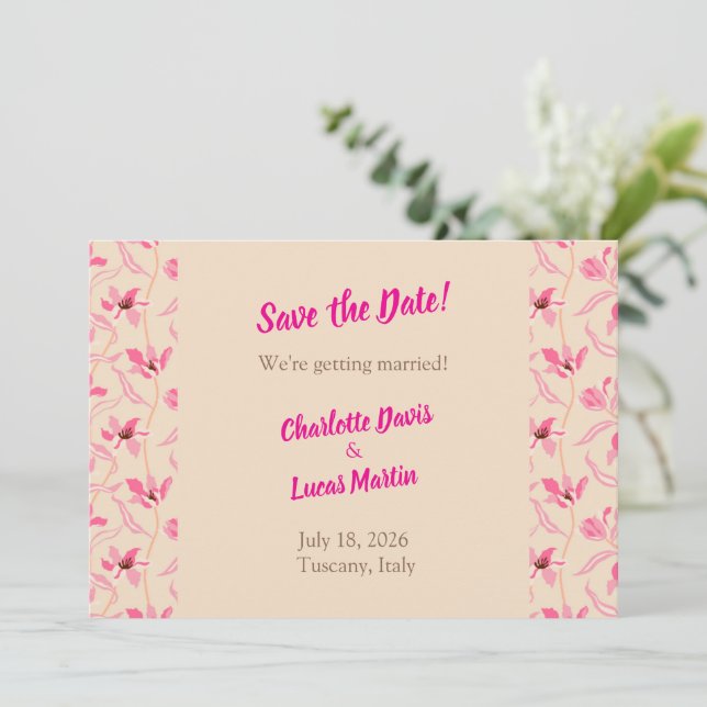 Beige & Blush Pink Floral Save the Date Card Tack Kort (Stående Fram)