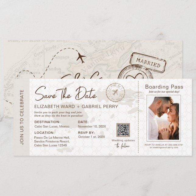 Beige Boarding Pass Destination Wedding Fiji Karta Inbjudningar (Fram/baksida)