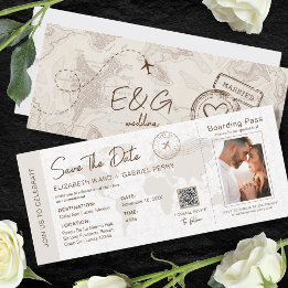 Beige Boarding Pass Travel Bröllop QR-kod Inbjudningar