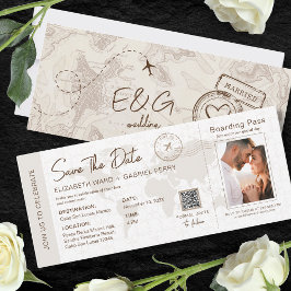 Beige Boarding Pass Travel Bröllop QR-kod Inbjudningar