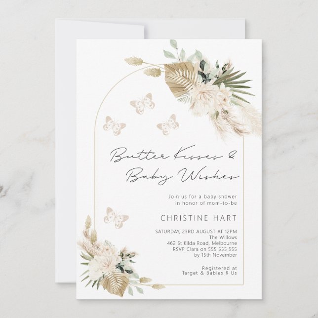 Beige Bohemian Blommigt Butterfly Kisses Baby Show Inbjudningar (Framsida)