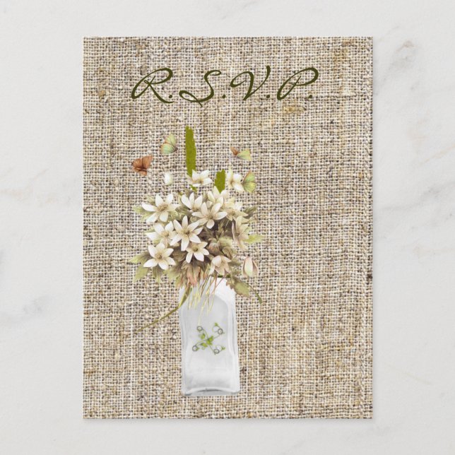Beige bohemian burlap hippie bröllop inbjudan vykort (Framsida)
