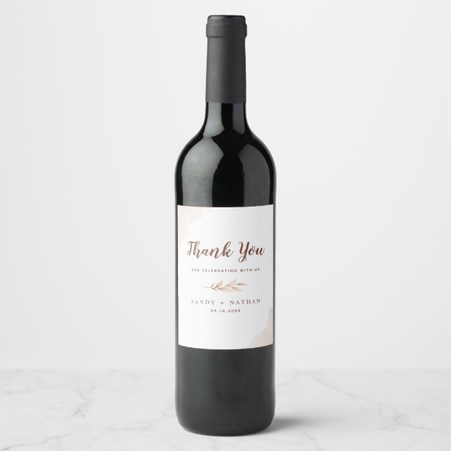 Beige Boho Blad Bröllops Vin Etikett (Framsida)