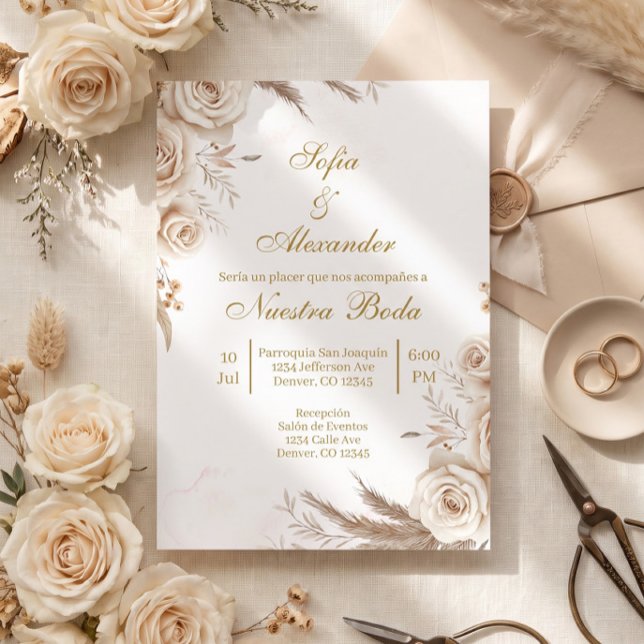 Beige Boho blommig spanskt bröllopsinbjudan Inbjudningar (Skapare uppladdad)
