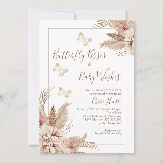 Beige Boho Blommigt Butterfly Kisses Baby Shower Inbjudningar (Framsida)