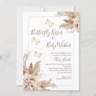 Beige Boho Blommigt Butterfly Kisses Baby Shower Inbjudningar