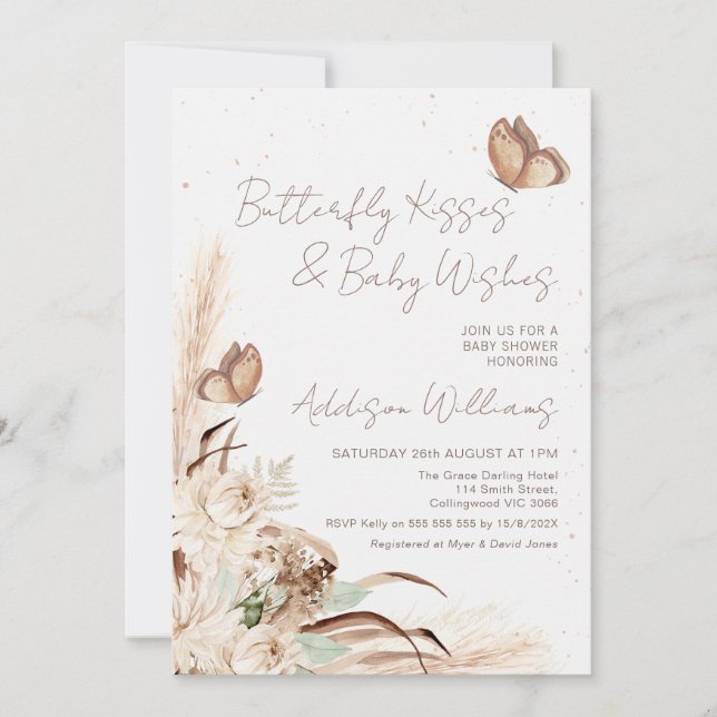 Beige Boho Blommigt Butully Kisses Baby Shower Inbjudningar (Framsida)
