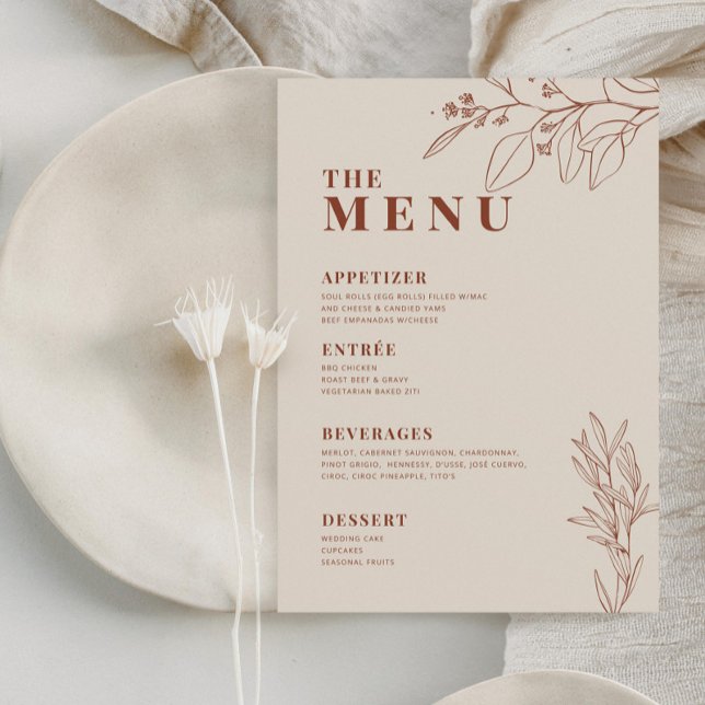 Beige Boho Bröllop Menu med blommigt teckning Meny (Skapare uppladdad)