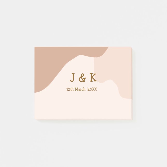 Beige boho kurvig orange bröllop namn datum post-it block (Framsida)