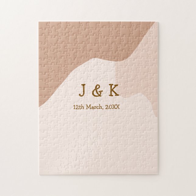Beige boho kurvig orange bröllop namn datum pussel (Vertikal)