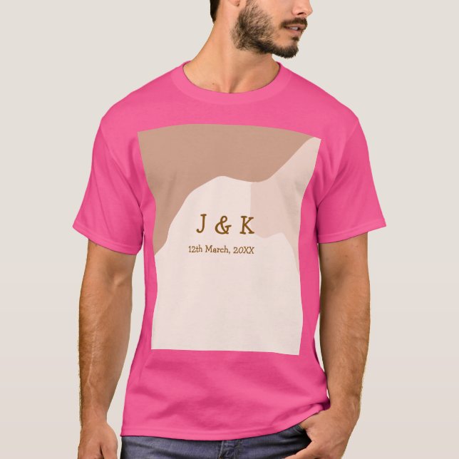 Beige boho kurvig orange bröllop namn datum t shirt (Framsida)