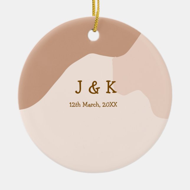 Beige boho kurvig orange bröllopsnamn datum julgransprydnad keramik (Framsidan)