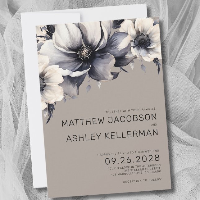 Beige Boho Neutral Blommig Bröllop Inbjudningar (Chic Neutral Boho Black White Beige Floral Wedding Invitation)