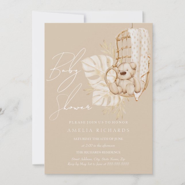 Beige Boho Teddybjörn Neutralt Bebisbad Inbjudningar (Framsida)