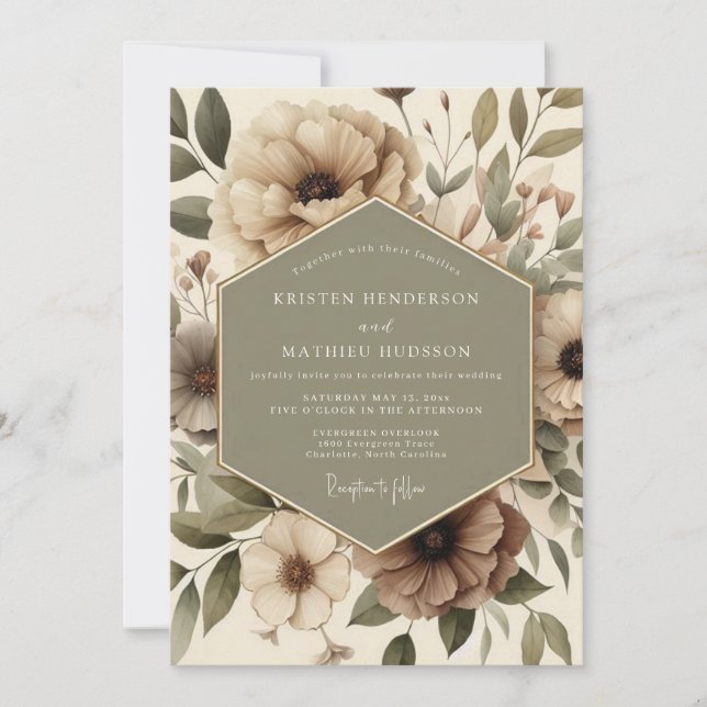Beige Botanisk Blommande Bröllop Inbjudningar (Framsida)