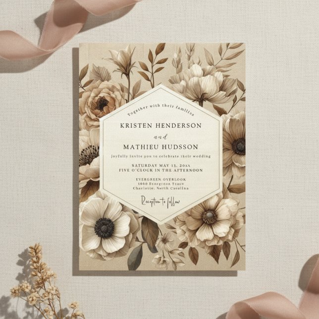 Beige Botanisk Bröllopsblomning Inbjudningar (Skapare uppladdad)