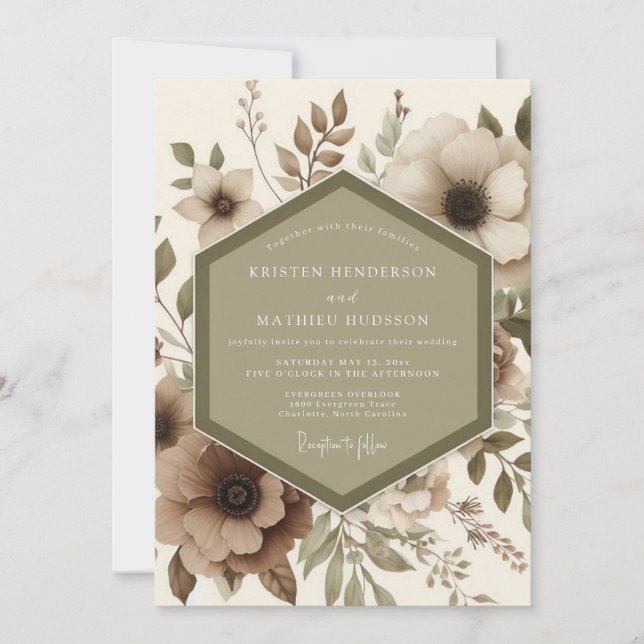 Beige Botanisk Romantisk Bröllop Inbjudningar (Framsida)
