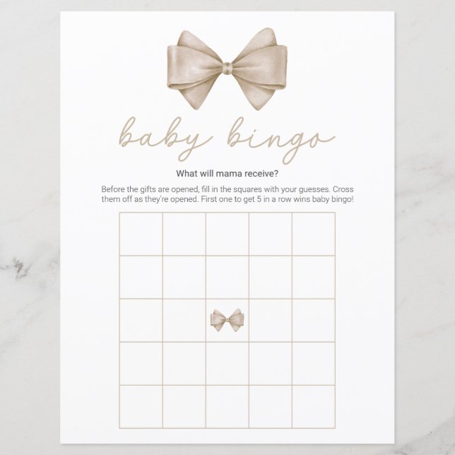 Beige Bow Modern Baby Shower Bingo Game (Framsida)