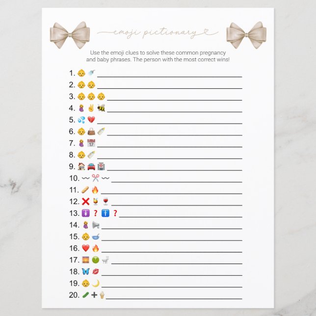 Beige Bow Modern Emoji Baby Shower Game (Framsida)
