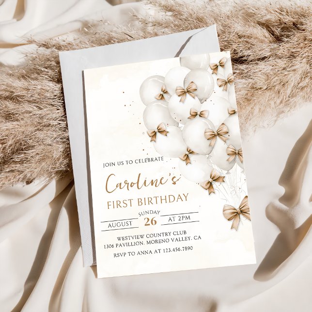 Beige Bows Balloons Birthday-inbjudan Inbjudningar (Skapare uppladdad)