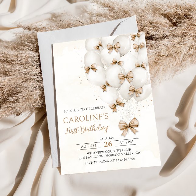 Beige Bows Balloons Birthday-inbjudan Inbjudningar (Skapare uppladdad)