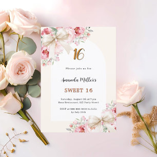 Beige bows rosa blommigt arch lyxur Sweet 16 Inbjudningar