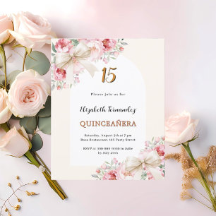 Beige bows rosa blommigt Arch Quinceanera-inbjudan