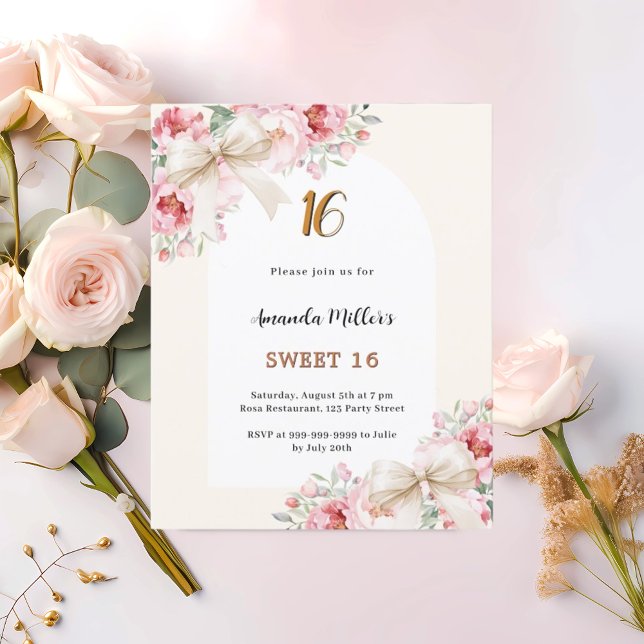 Beige bows rosa blommigt Arch Sweet 16 inbjudan (Skapare uppladdad)